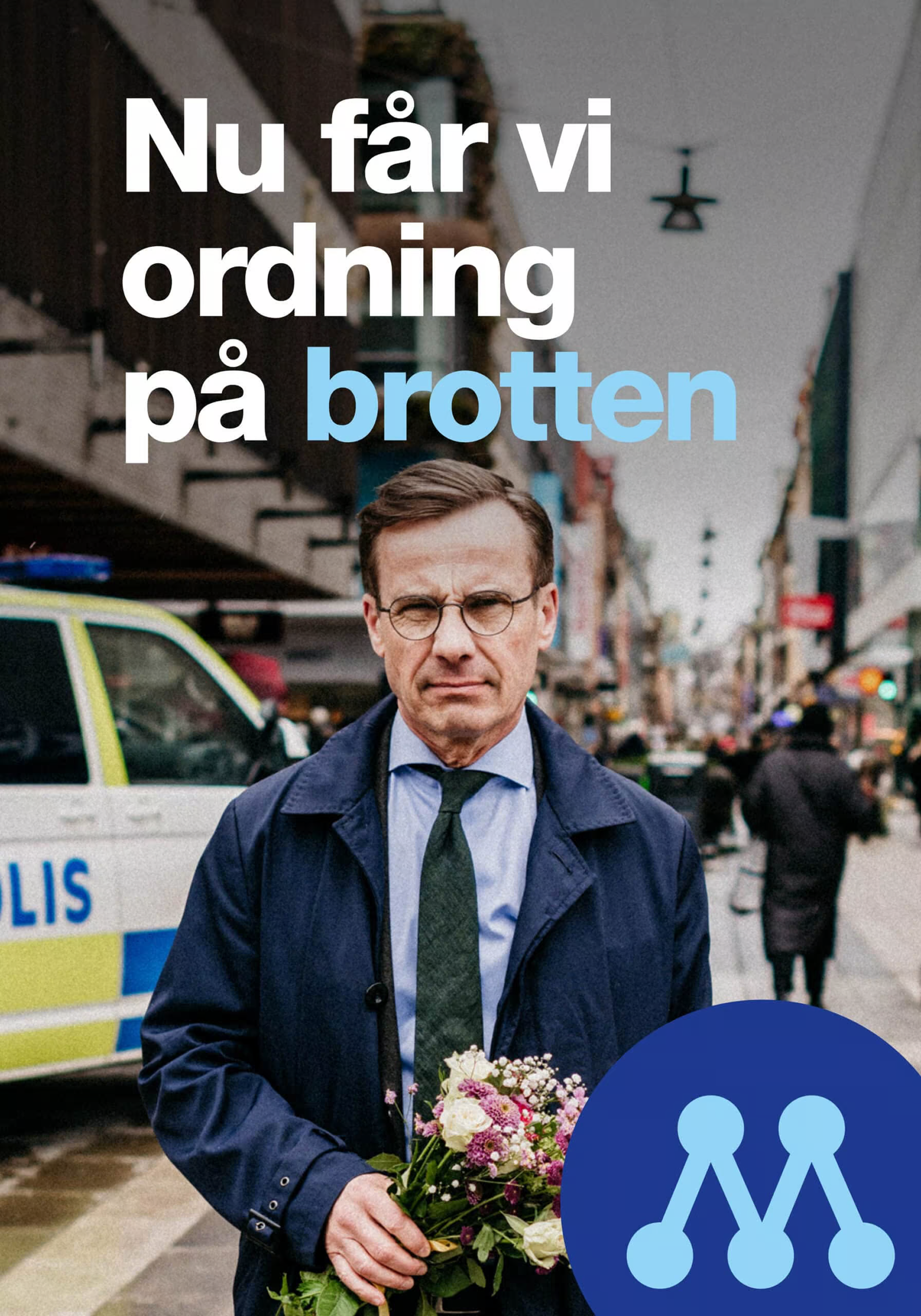 Valaffisch för Moderaterna, 2022. ”Nu får vi ordning på brotten”.